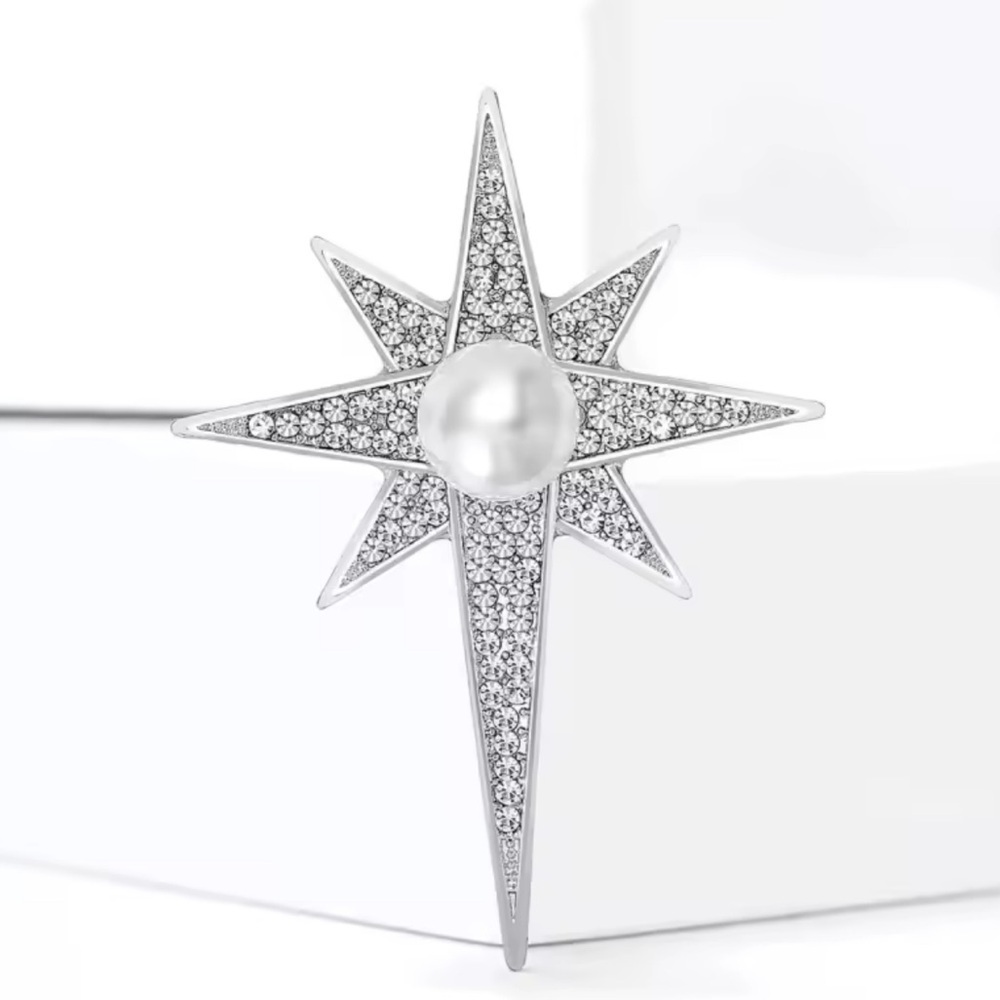 Silver Starburst Pearl Crystal Brooch View 4